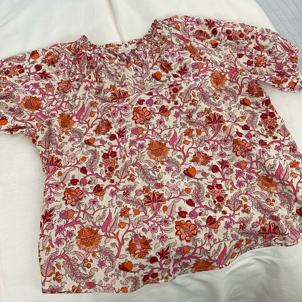 Knox Rose Top Women's XL Floral Multicolor Print Front Peasant Smocked
